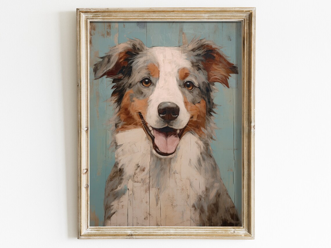 Smiling Australian Shepherd Dog Portrait on Vintage Blue Art Poster