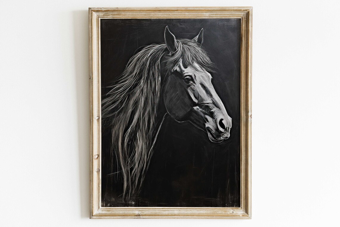 Chalkboard Style White Horse Portrait Equestrian Sketch Poster