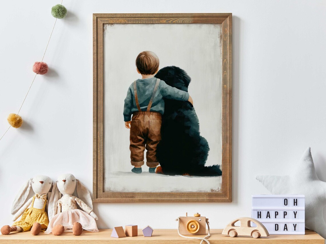 Boy Hugging Big Black Dog Poster Sweet Watercolor Nursery Bond Art