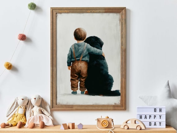 Boy Hugging Big Black Dog Poster Sweet Watercolor Nursery Bond Art