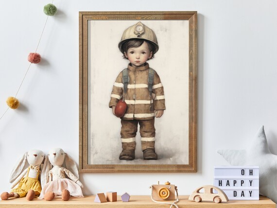 Little Fireman In Vintage Gear And Helmet Kids Room Wall Art