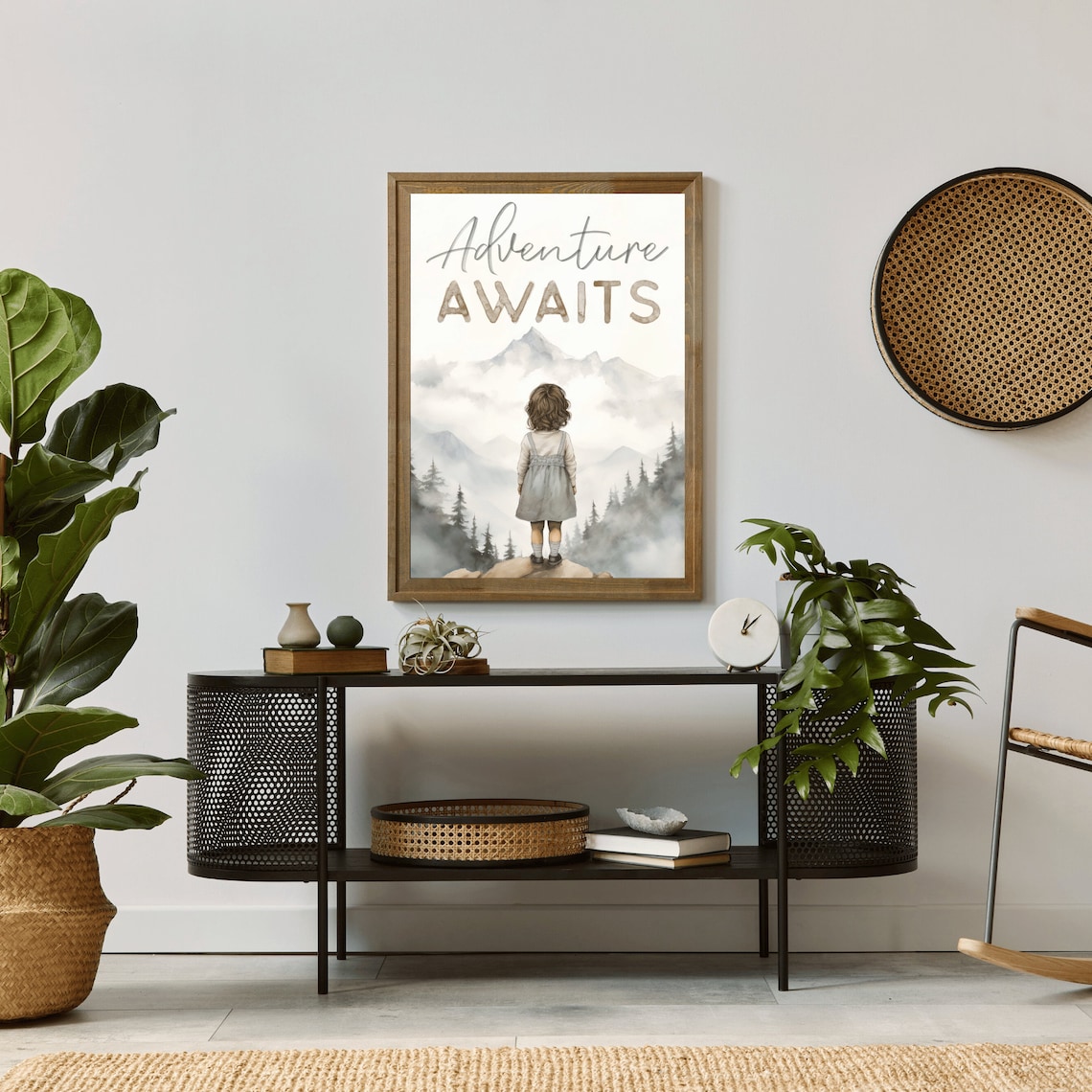 Adventure Awaits Quote Girl Gazing at Misty Mountains Nursery Poster - Image 2