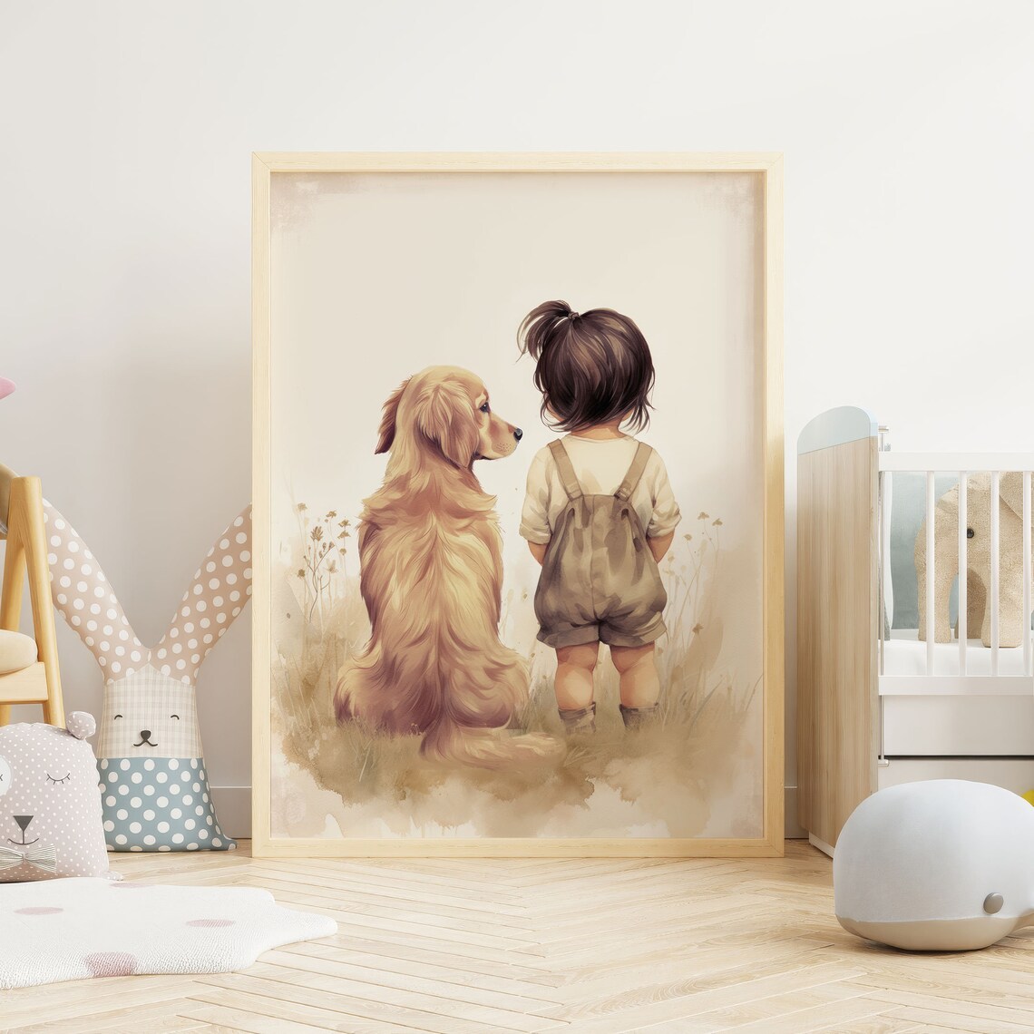 Little Girl with Golden Retriever Poster Meadow Watercolor Nursery Art - Image 3