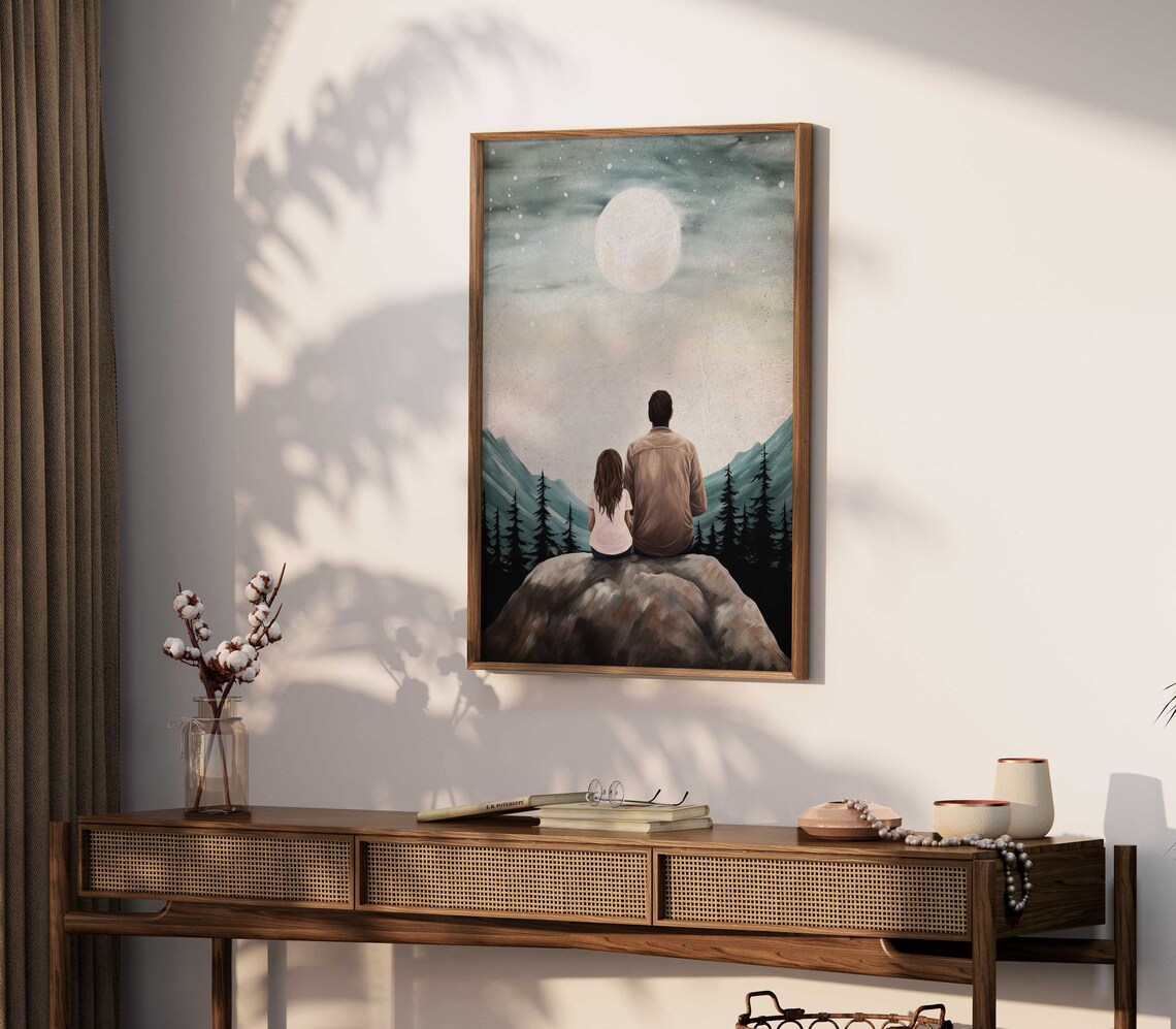 Father And Daughter Sitting Under A Full Moon In The Mountains Poster - Image 2