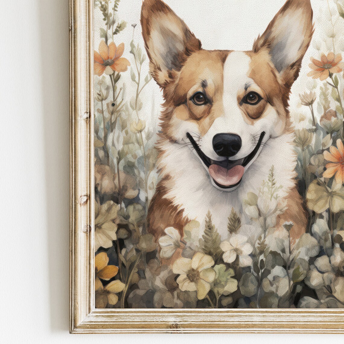 Smiling Pembroke Welsh Corgi Dog Among Flowers Watercolor Pet Poster - Image 2