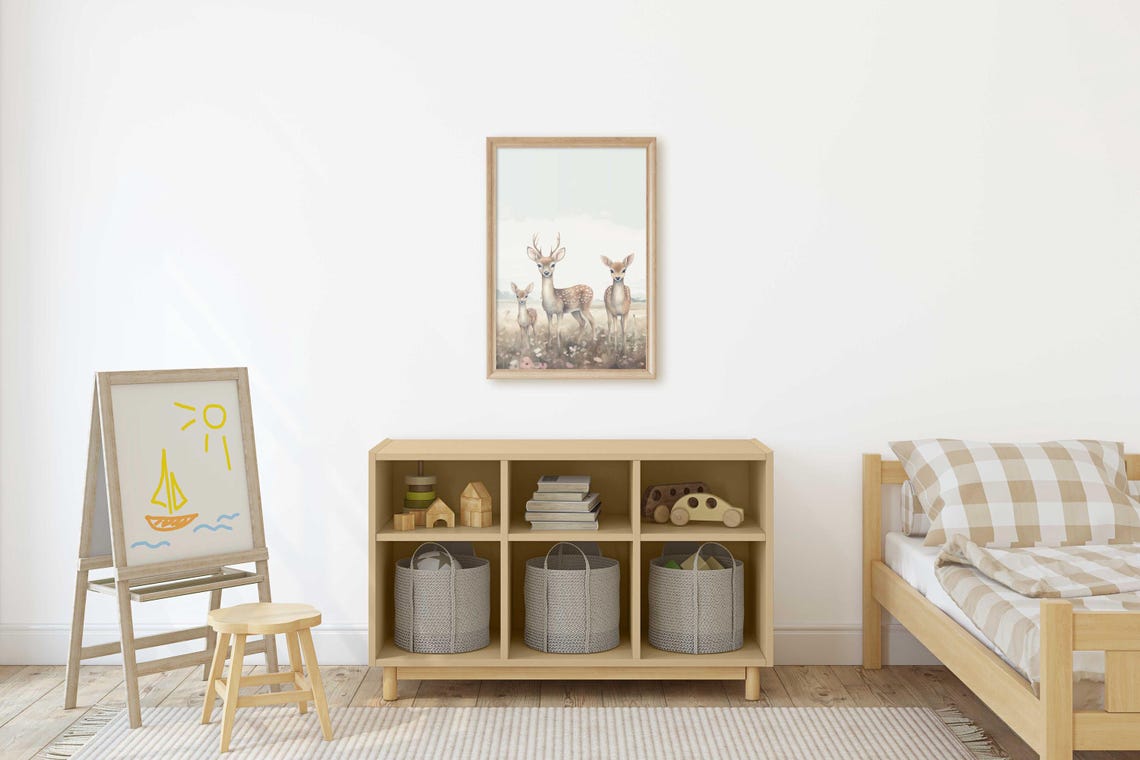 Deer Family Print Deer Nursery Decor Forest Animal Family Portrait Buck Painting Deer Wall Art Wildflower Field Art Girl Art - Image 3