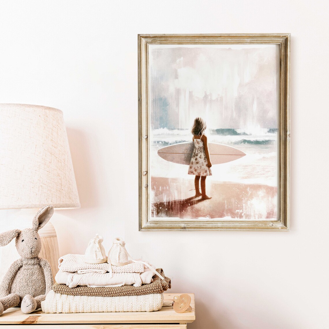 Little Girl with Surfboard at the Beach Watercolor Nursery Art Poster - Image 2