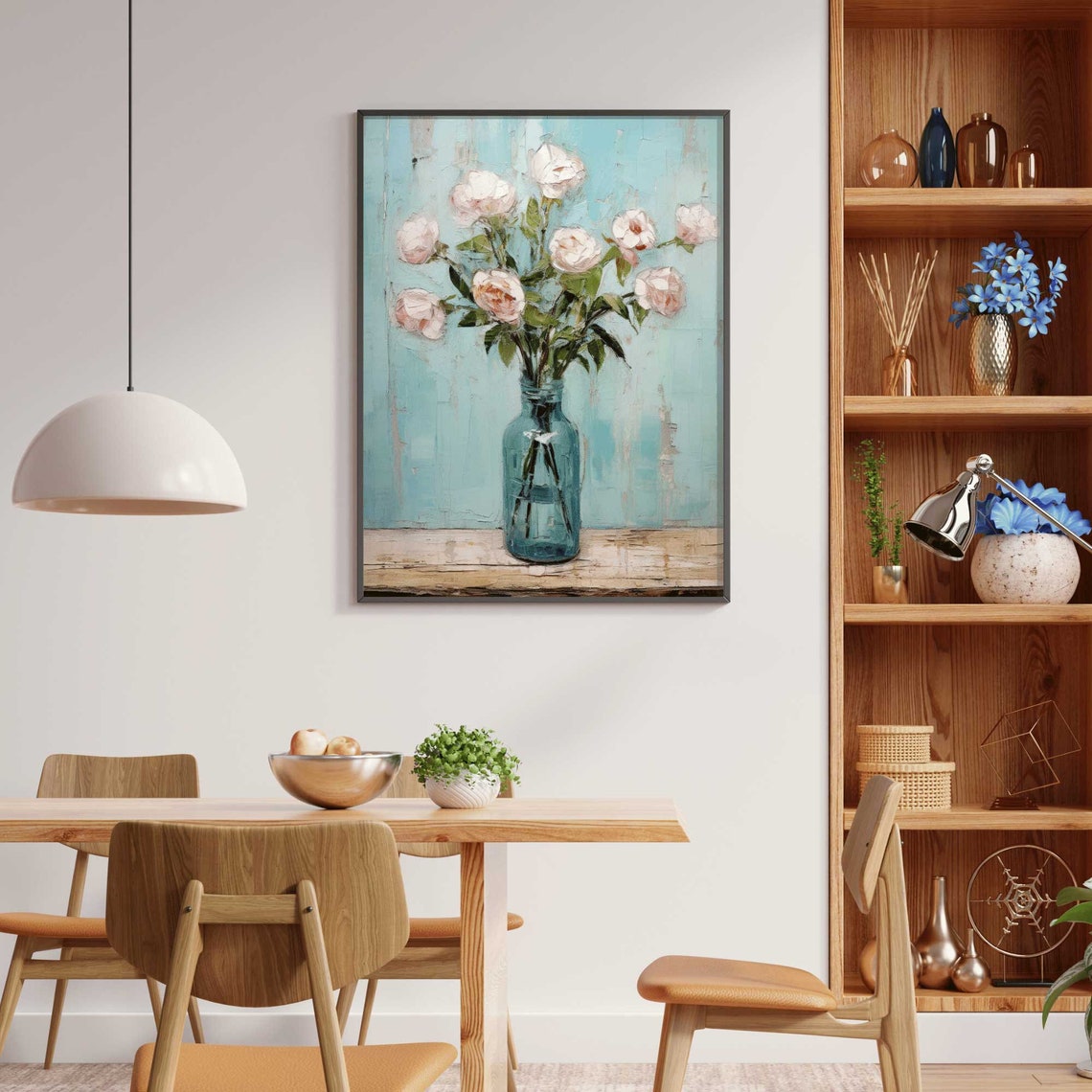 Pink Roses in a Mason Jar on an Aqua Vintage Background Poster - Image 2