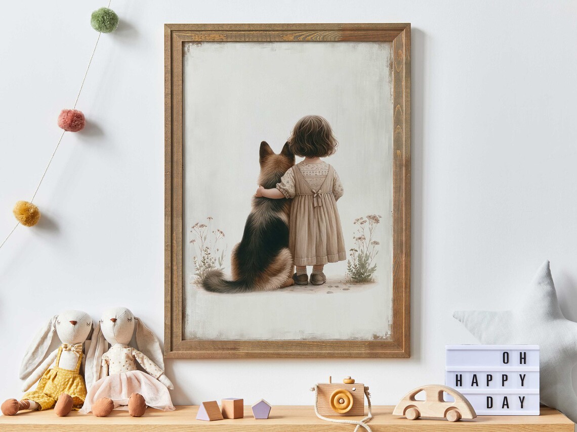 Little Girl Hugging German Shepherd Puppy Nursery Art Poster