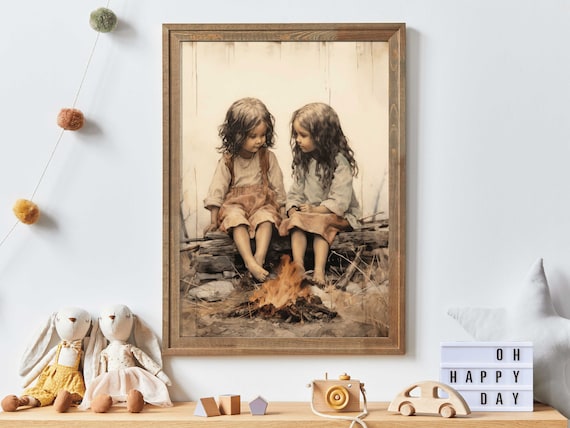 Two Sisters Sitting By A Campfire Vintage Boho Portrait Poster
