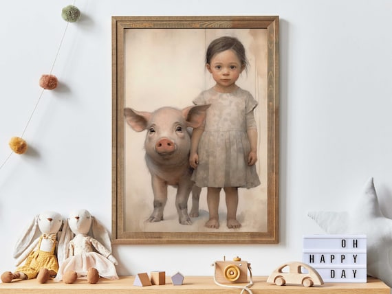 Sweet Girl and Her Piglet in a Vintage Farmhouse Portrait Poster