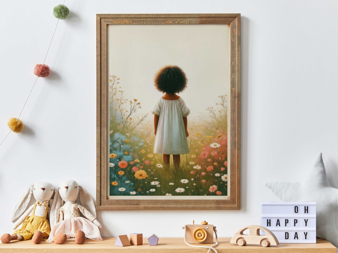 Wildflower Field African Girl Nursery Art Print
