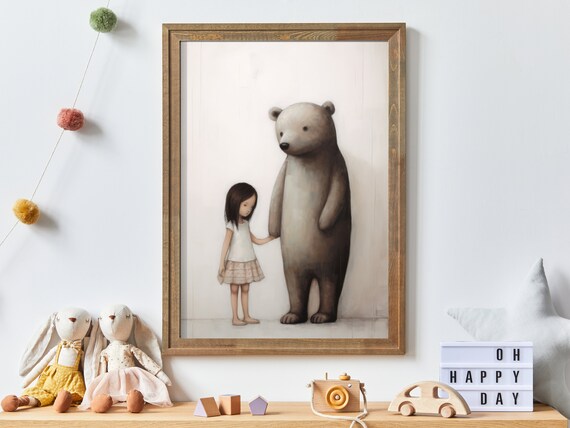 Little Girl Holding Hands With A Gentle Giant Bear Nursery Art Print