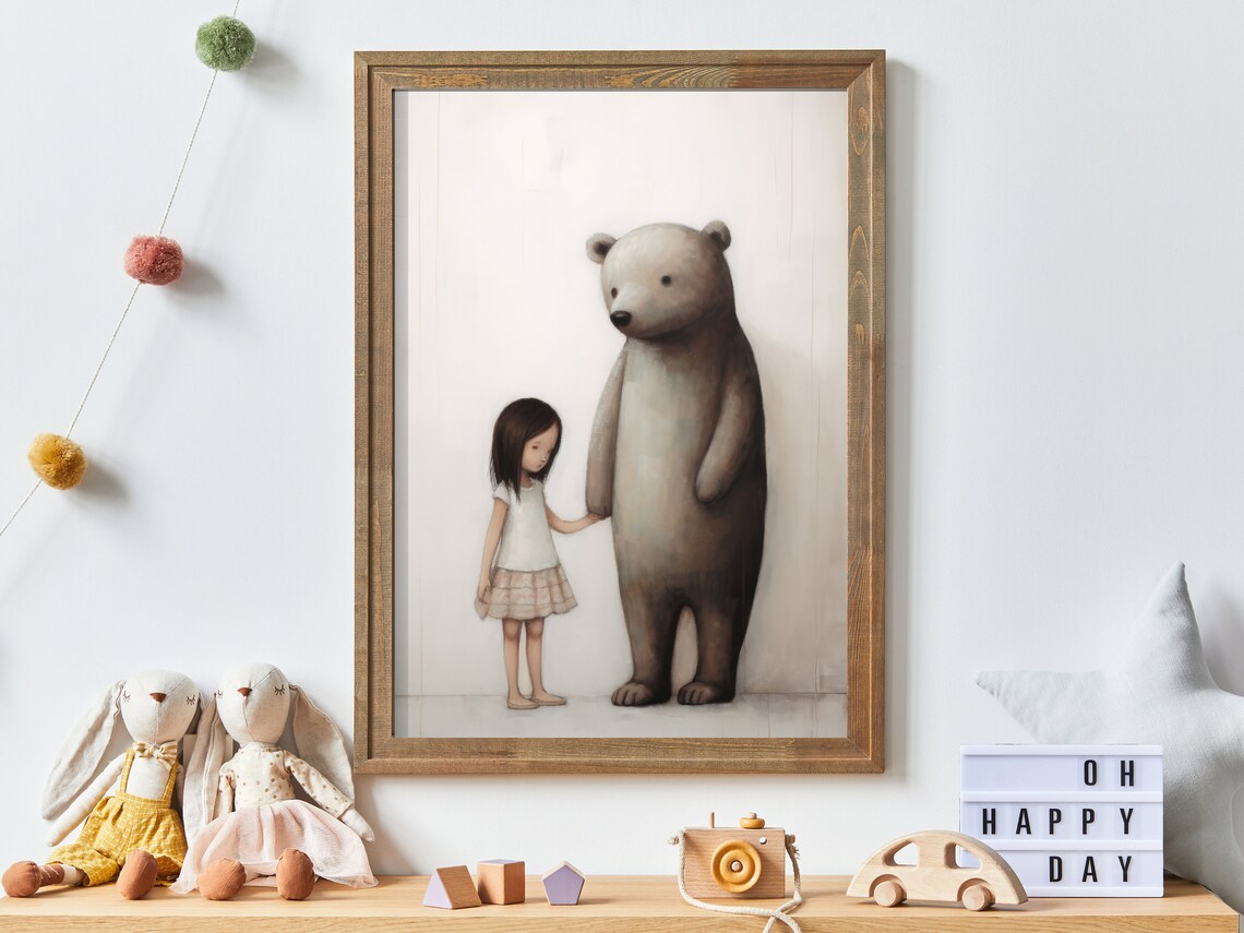 Little Girl Holding Hands With A Gentle Giant Bear Nursery Art Print