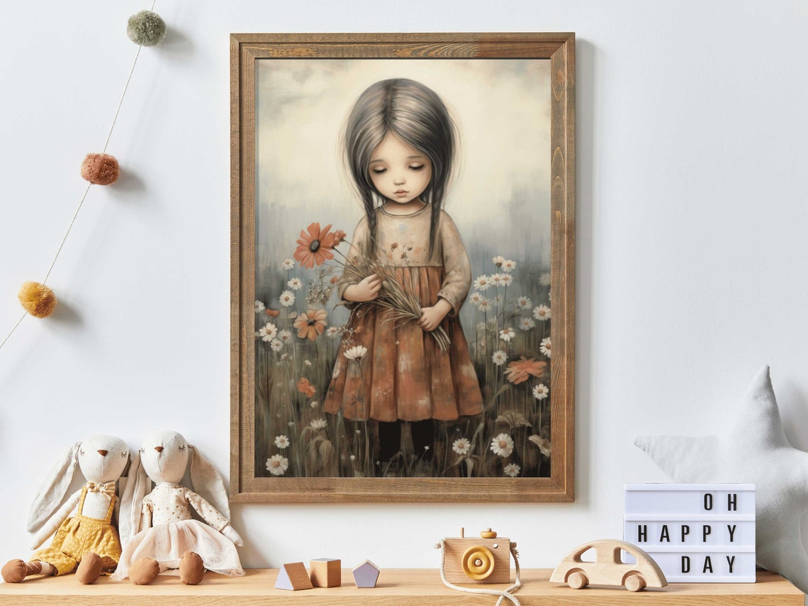 Girly Wall Art Print Art For Girls Nursery Or Bedroom Toddler Girl With Flowers Wildflower Nursery Decor Wall Art