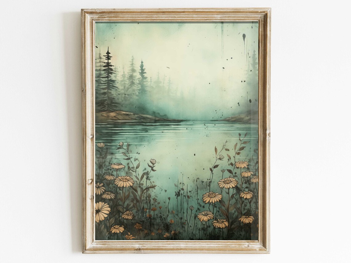 Vintage Mountain Landscape Art Print, Wildflower Forest