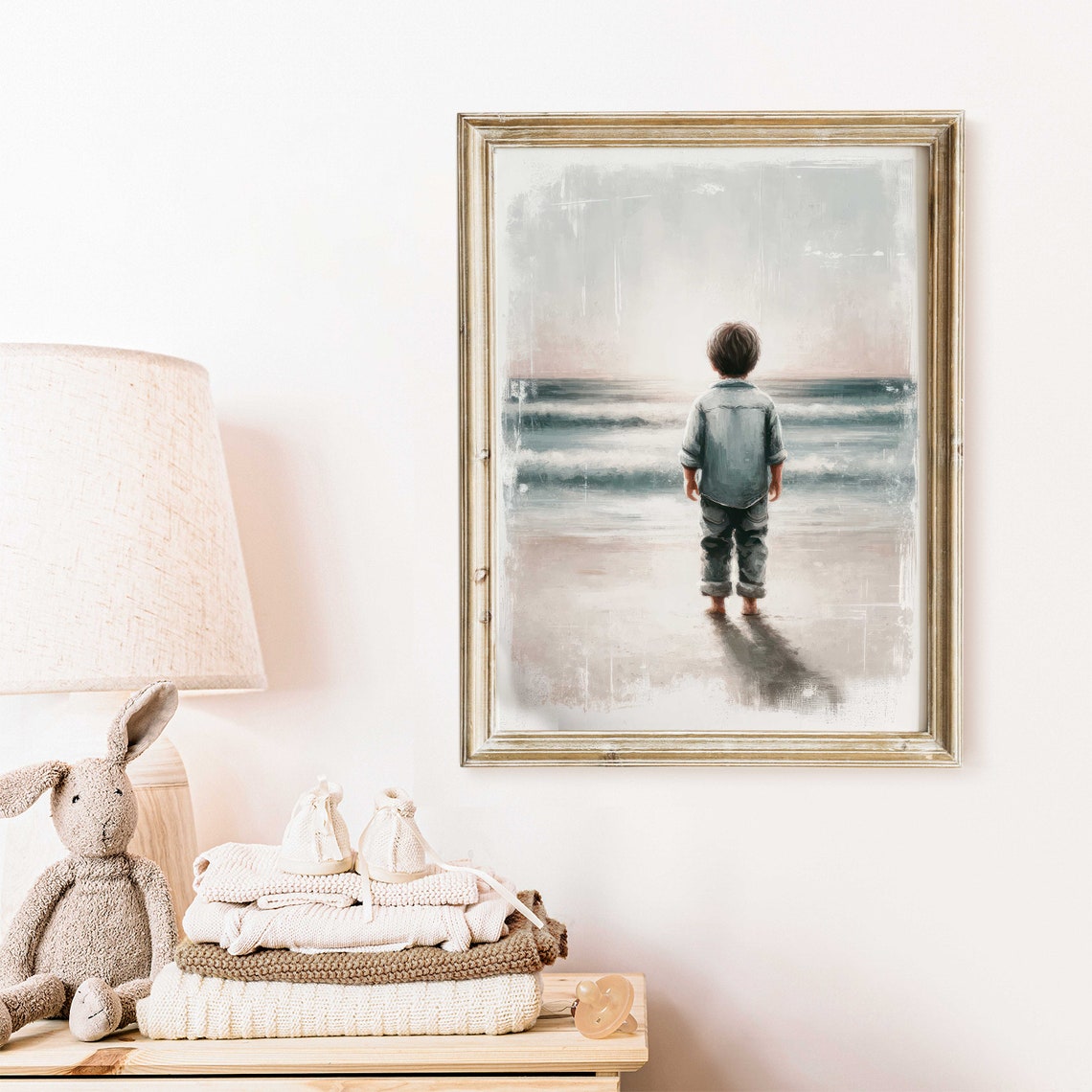 Little Boy Standing at the Ocean Beach Watercolor Nursery Poster - Image 2
