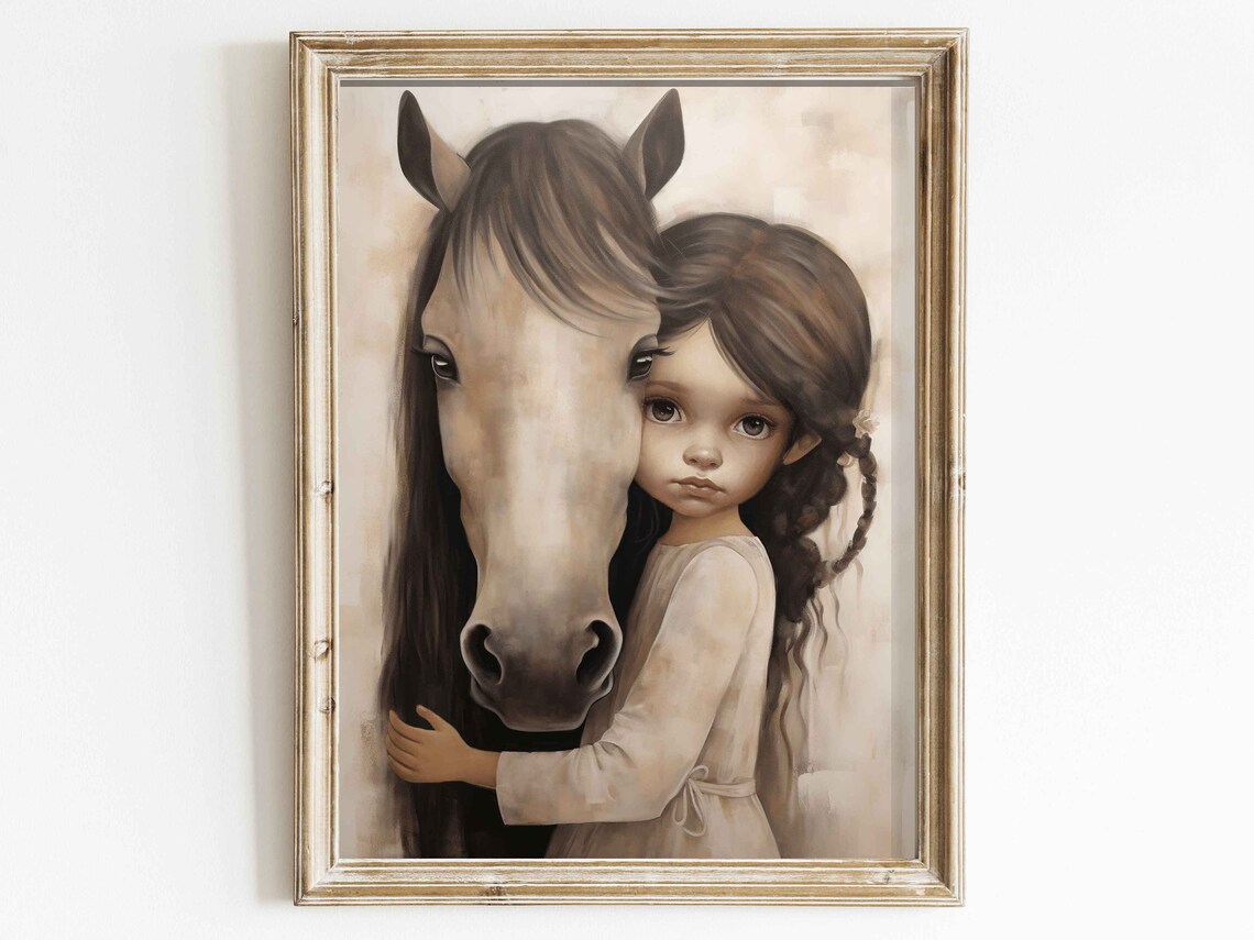 Little Girl Hugging Her Horse Tender Portrait Nursery Poster