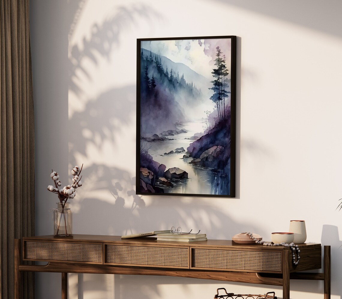 Watercolor Landscape Art Print, Moody River Forest - Image 2