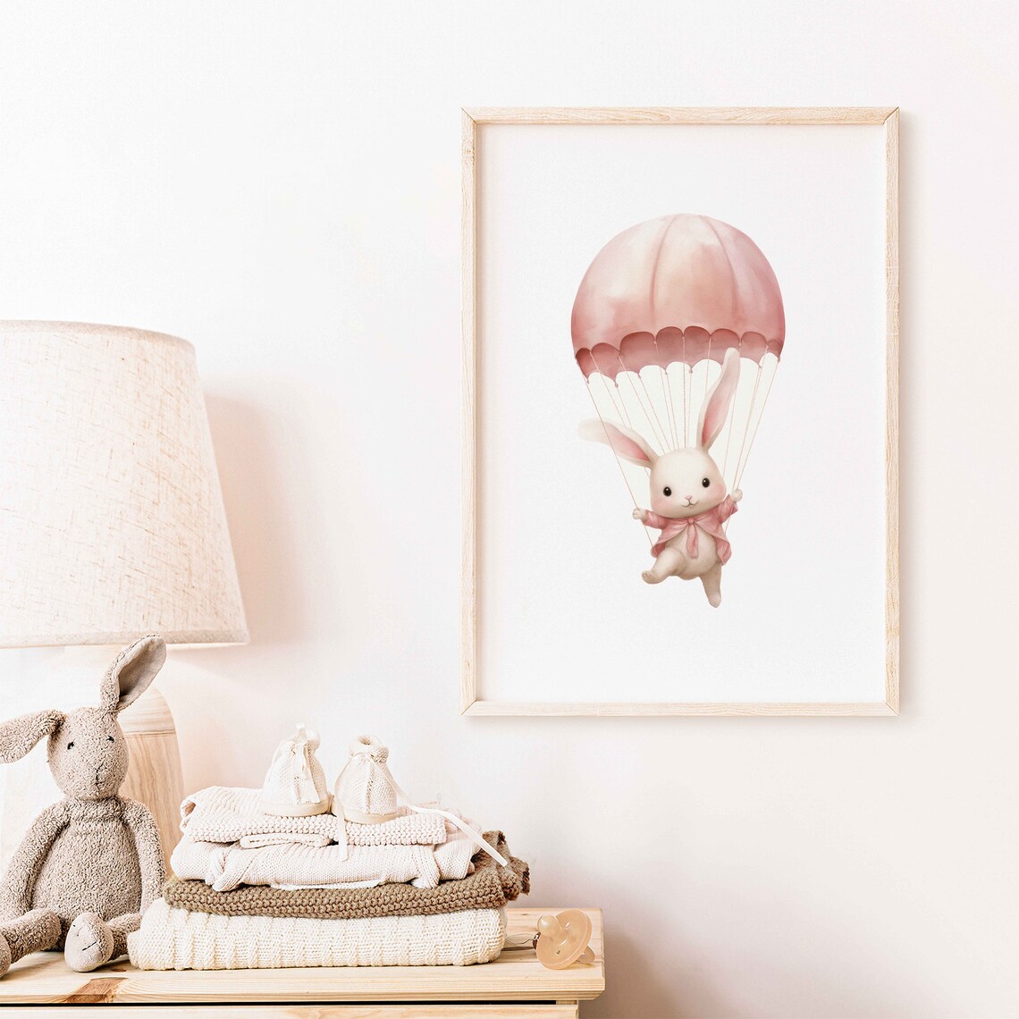 Cute Bunny Flying Pink Parachute Whimsical Nursery Art Poster - Image 2