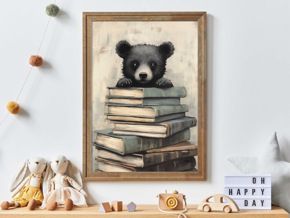 Black Bear Cub on a Stack of Books Kids Reading Corner Art Poster
