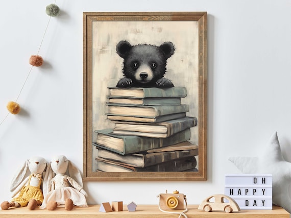 Black Bear Cub on a Stack of Books Kids Reading Corner Art Poster
