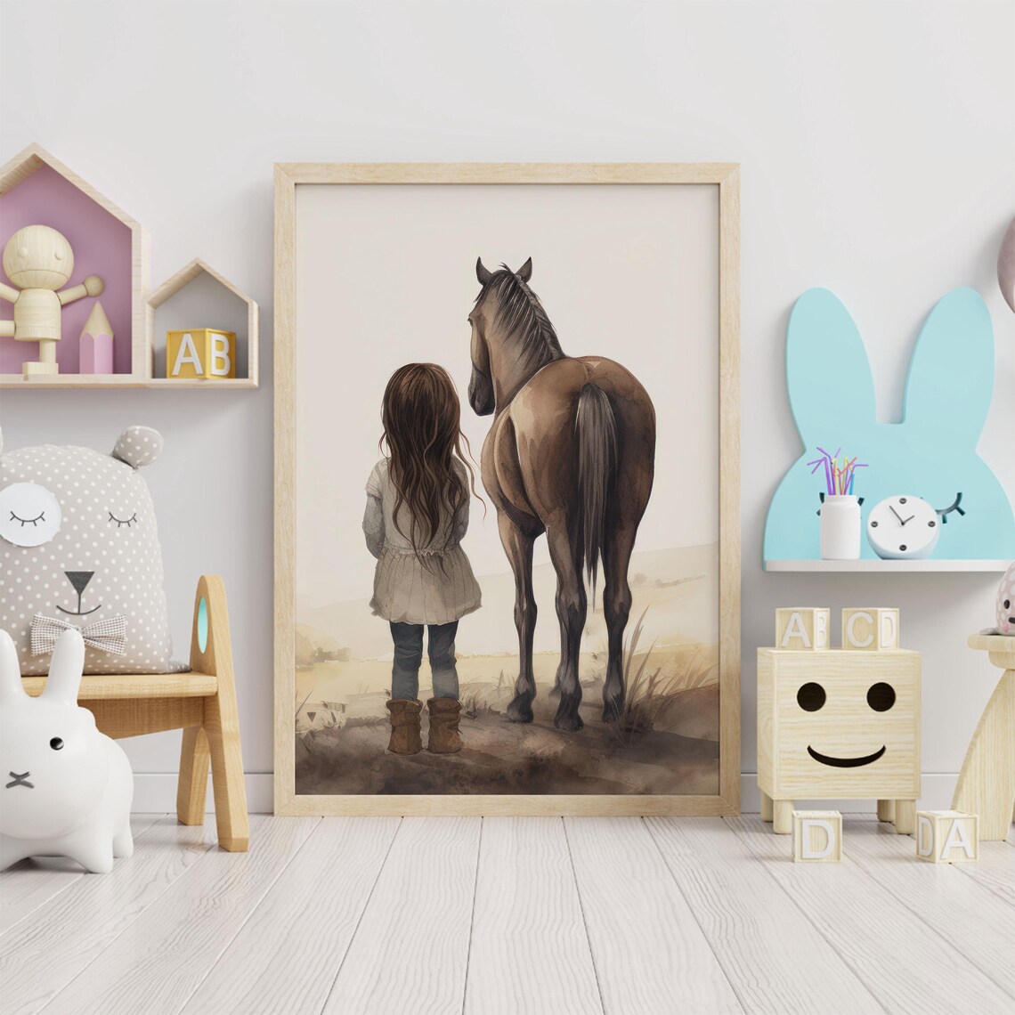 Little Girl And Her Brown Horse Watercolor Nursery Decor Poster - Image 5