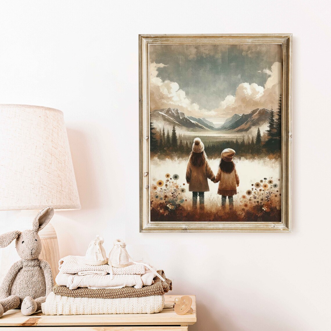 Two Sisters Holding Hands Before Mountain Landscape Art Poster - Image 2