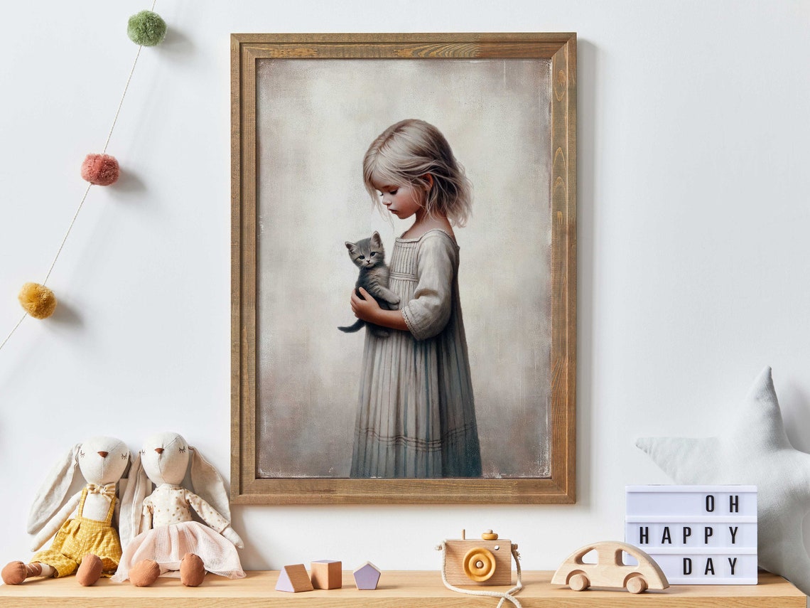 Gentle Young Girl Cradling a Gray Kitten in Soft Light Poster