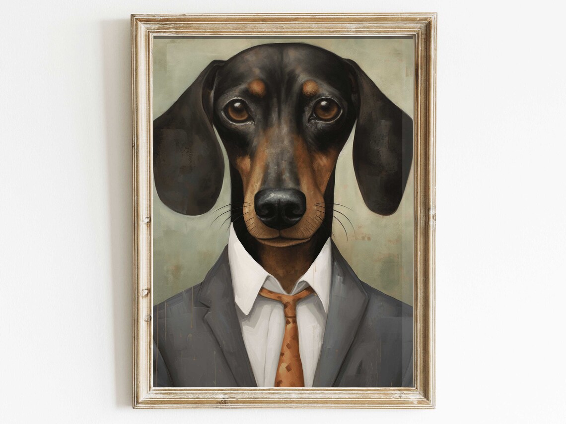 Dachshund Dog Wearing Suit And Tie Funny Portrait Art Poster