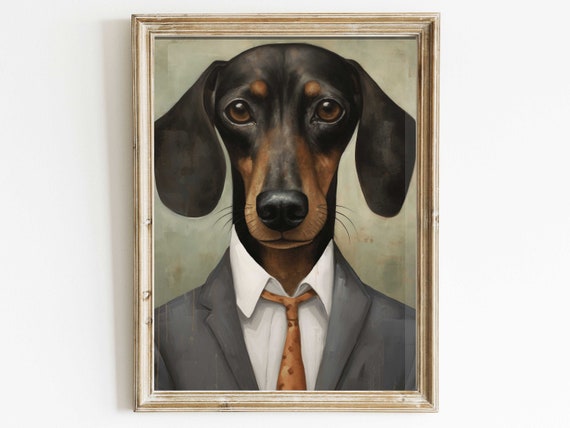 Funny Dachshund Portrait Whimsical Dog Decor Sausage Dog In Suit Art Print Rustic Dog Wall Art Vintage Dog Print Art