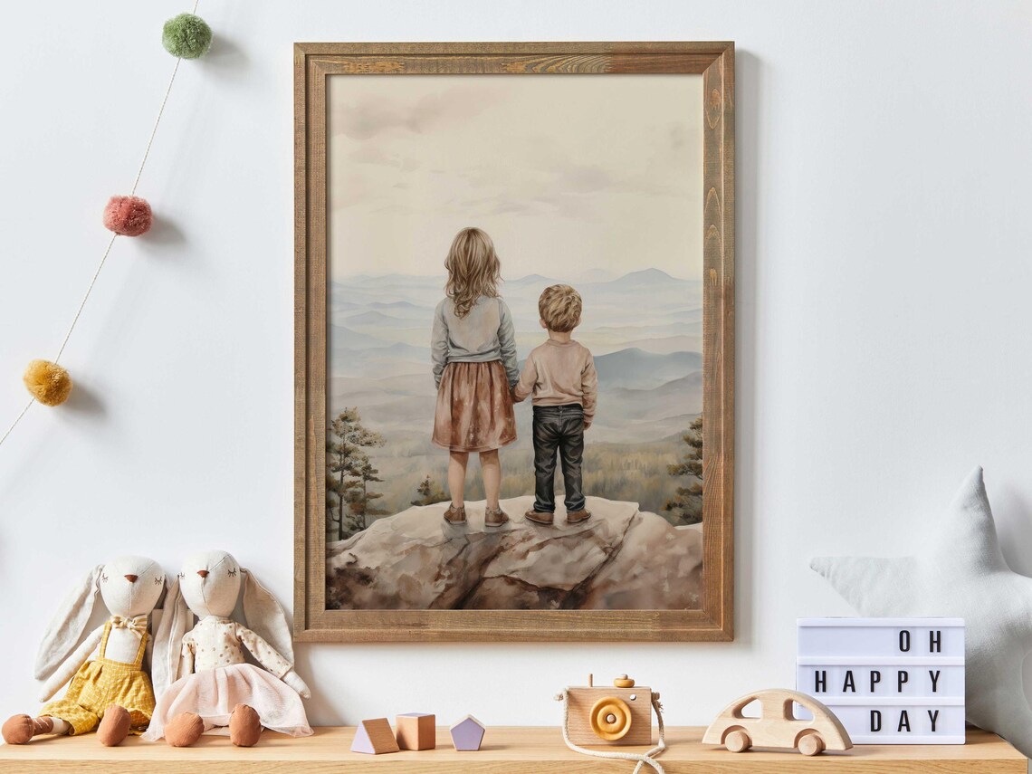 Brother And Sister Portrait Art Print, Family Decor