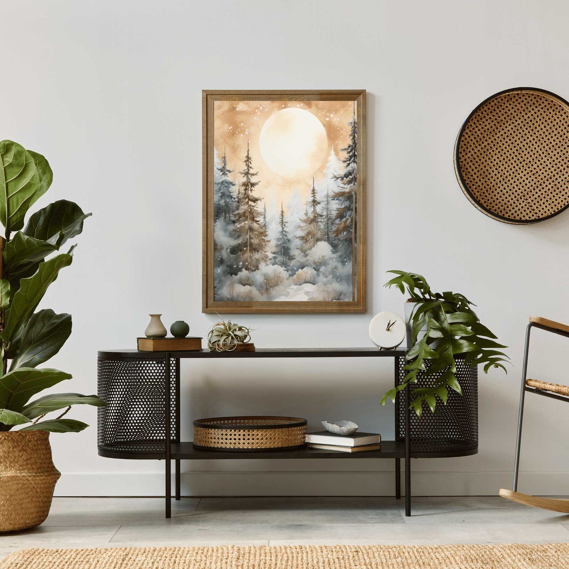 Snowy Pine Forest Under a Golden Sun Watercolor Winter Wall Poster - Image 2