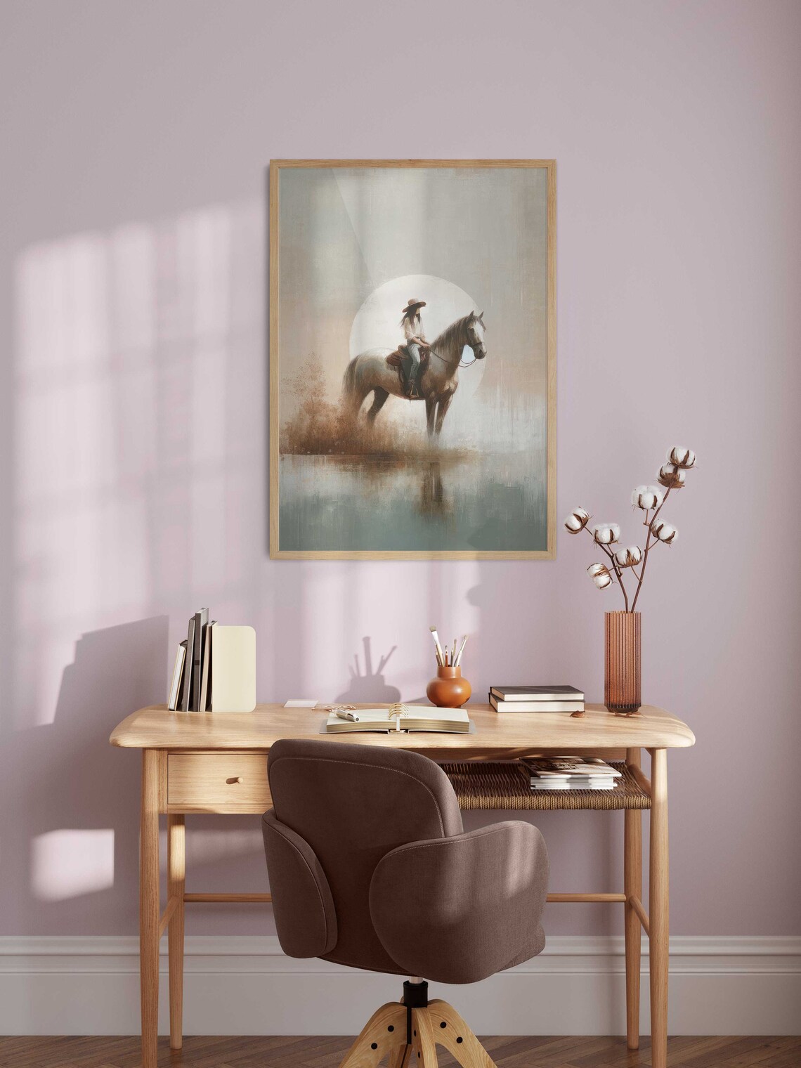 Cowgirl Riding Horse Beside Water Under Giant Full Moon Poster - Image 2