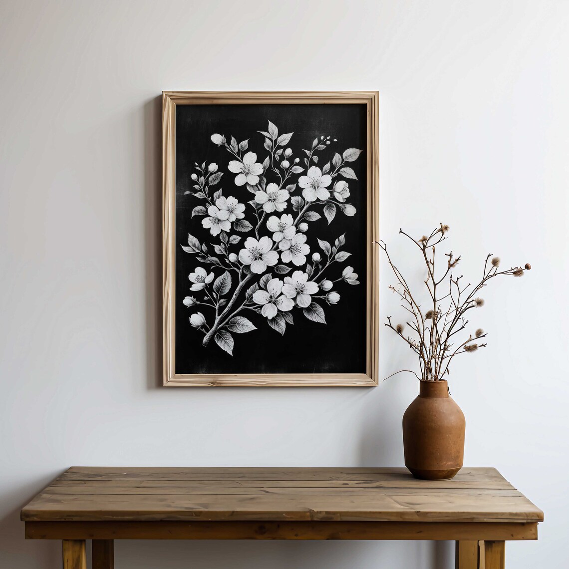 White Blossom Branch on Dark Black Floral Chalkboard Art Poster - Image 2