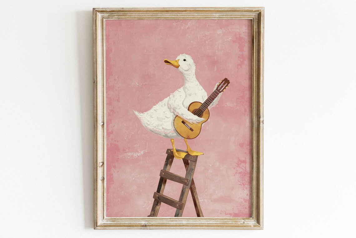 White Goose Playing Guitar Poster Pink Funny Animal Nursery Decor