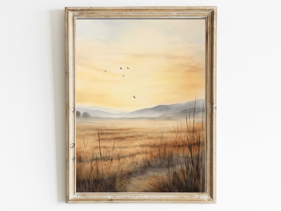 Watercolor Landscape Wall Art Abstract Scenic Nature Print Tranquil Home Decor Beautiful Meadow At Sunset Wall Decor