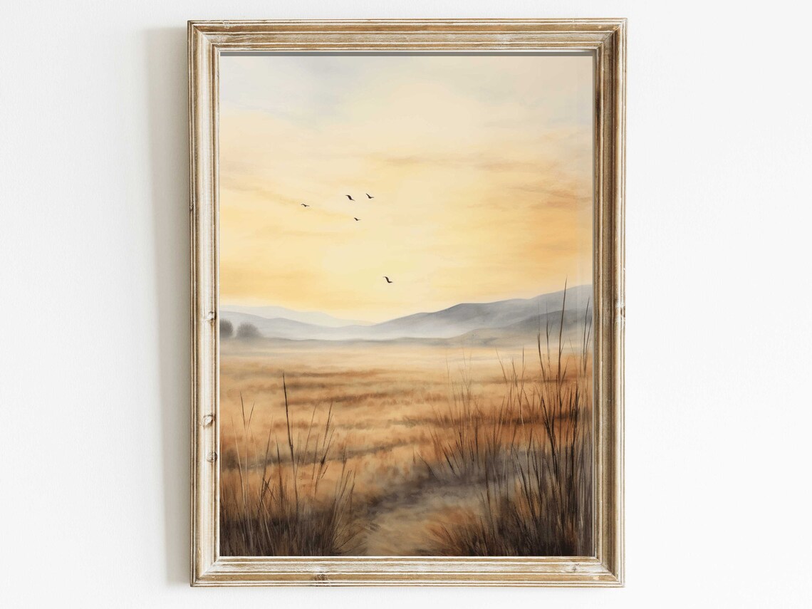Golden Meadow at Sunrise with Birds Watercolor Landscape Poster