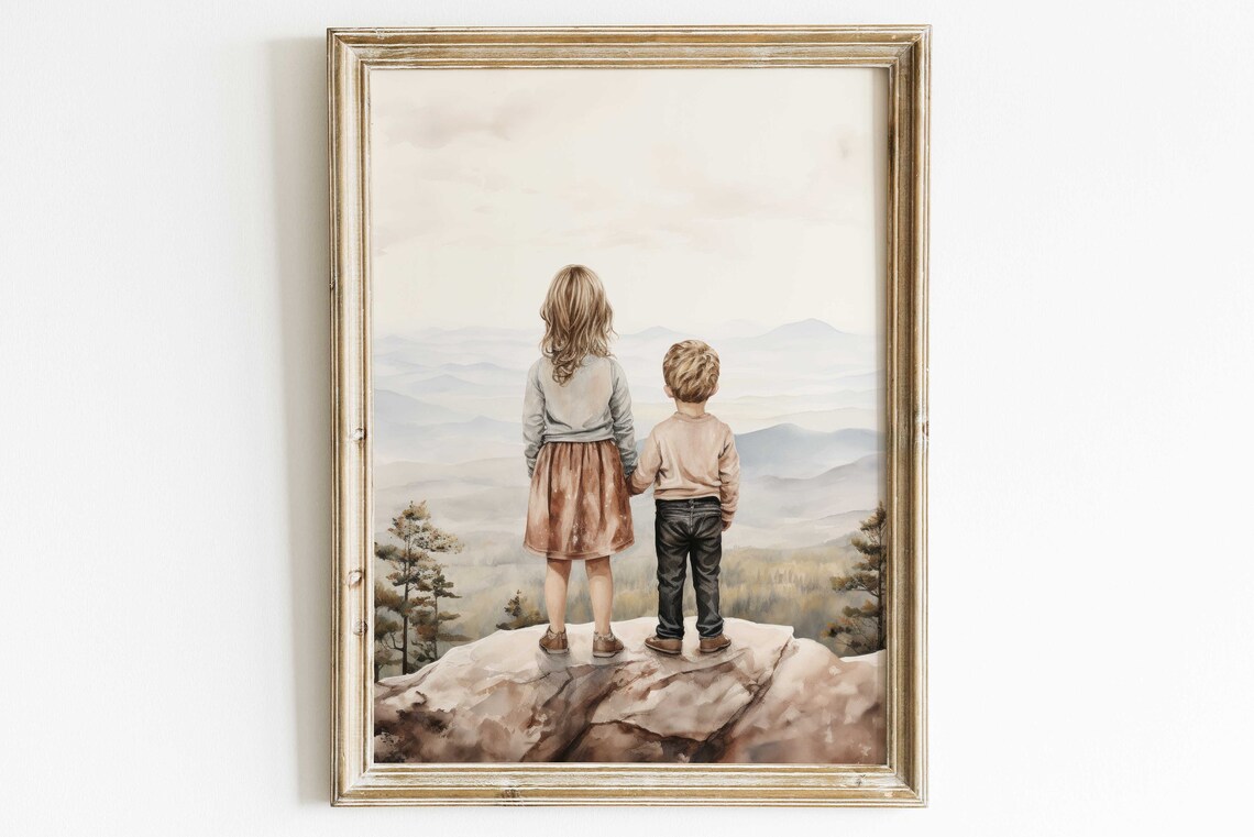 Brother And Sister On Cliff Edge Overlooking Misty Mountains Poster - Image 2