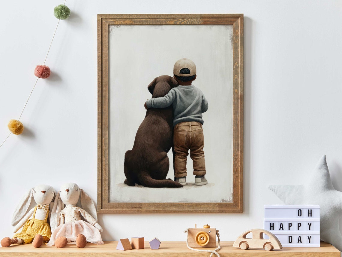 Boy And Chocolate Labrador Retriever Hugging Minimalist Poster
