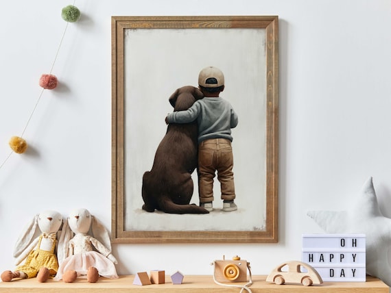 Boy And Chocolate Labrador Retriever Hugging Minimalist Poster