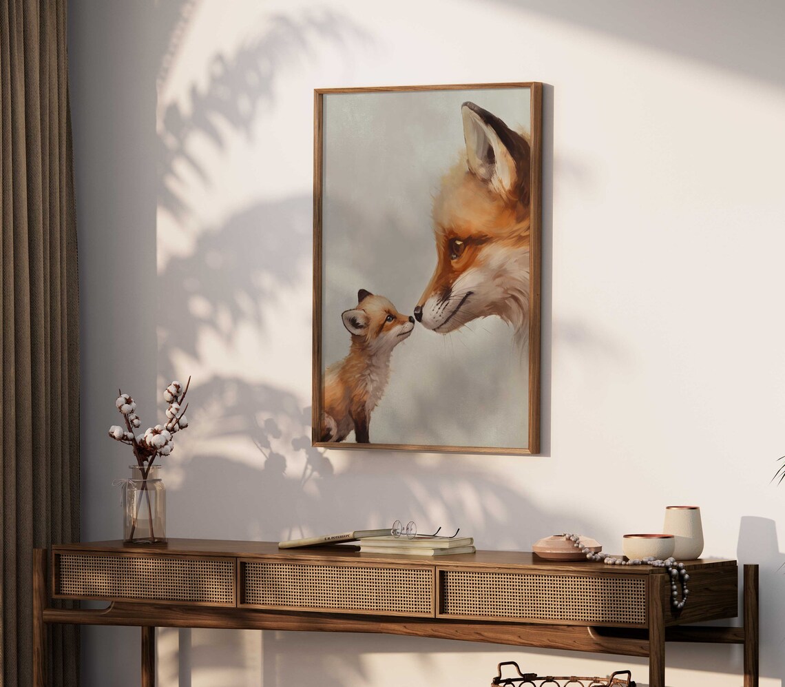 Mother Fox and Kit Poster Tender Nose to Nose Woodland Nursery Art - Image 2