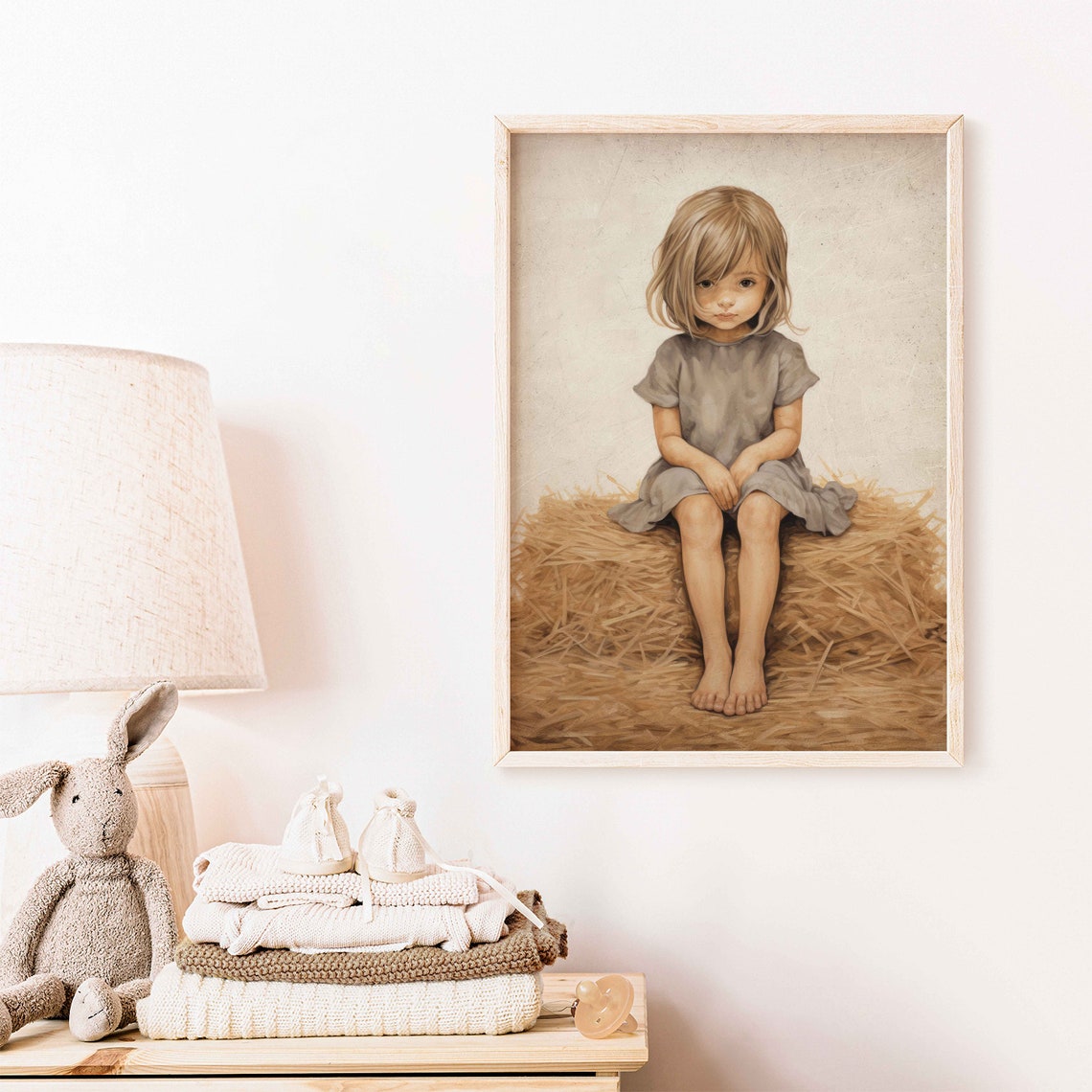 Little Girl On A Hay Bale Painting Farmhouse Nursery Decor Cute Girls Room Decor Vintage Countryside Wall Art Girl Wall Art - Image 2