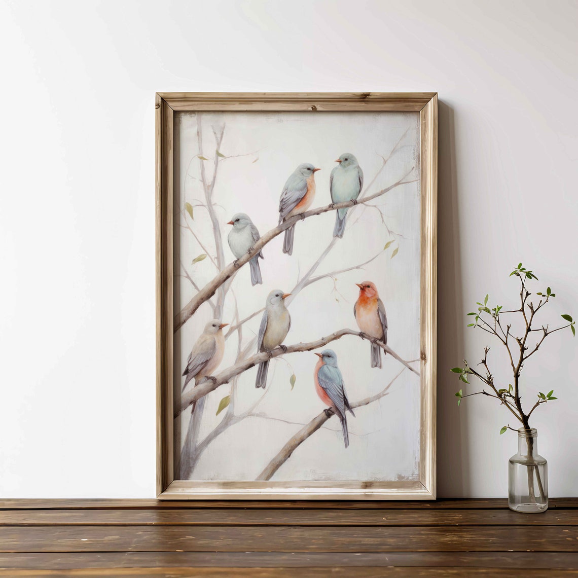 Six Songbirds Perched on Branches Soft Pastel Watercolor Wall Poster