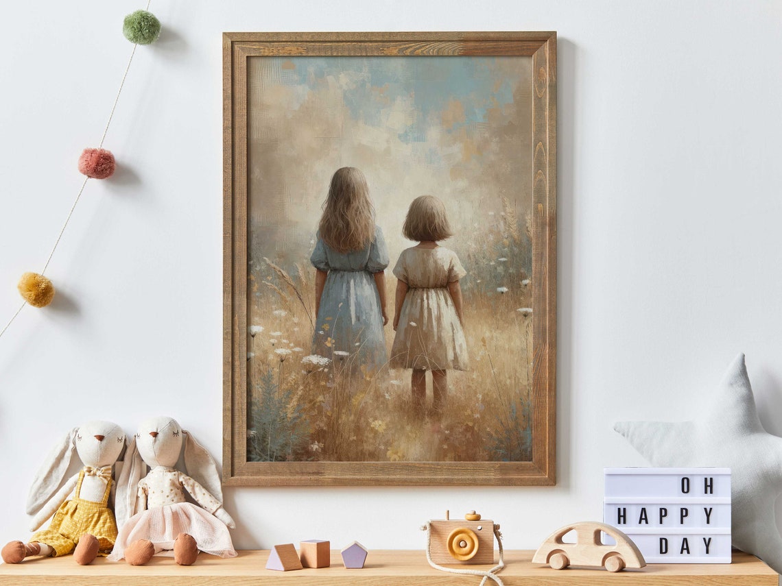 Sister Room Art Sister Print Sisterhood Art Vintage Sister Painting Best Friends Print Wildflower Girls Room Decor Girl Art