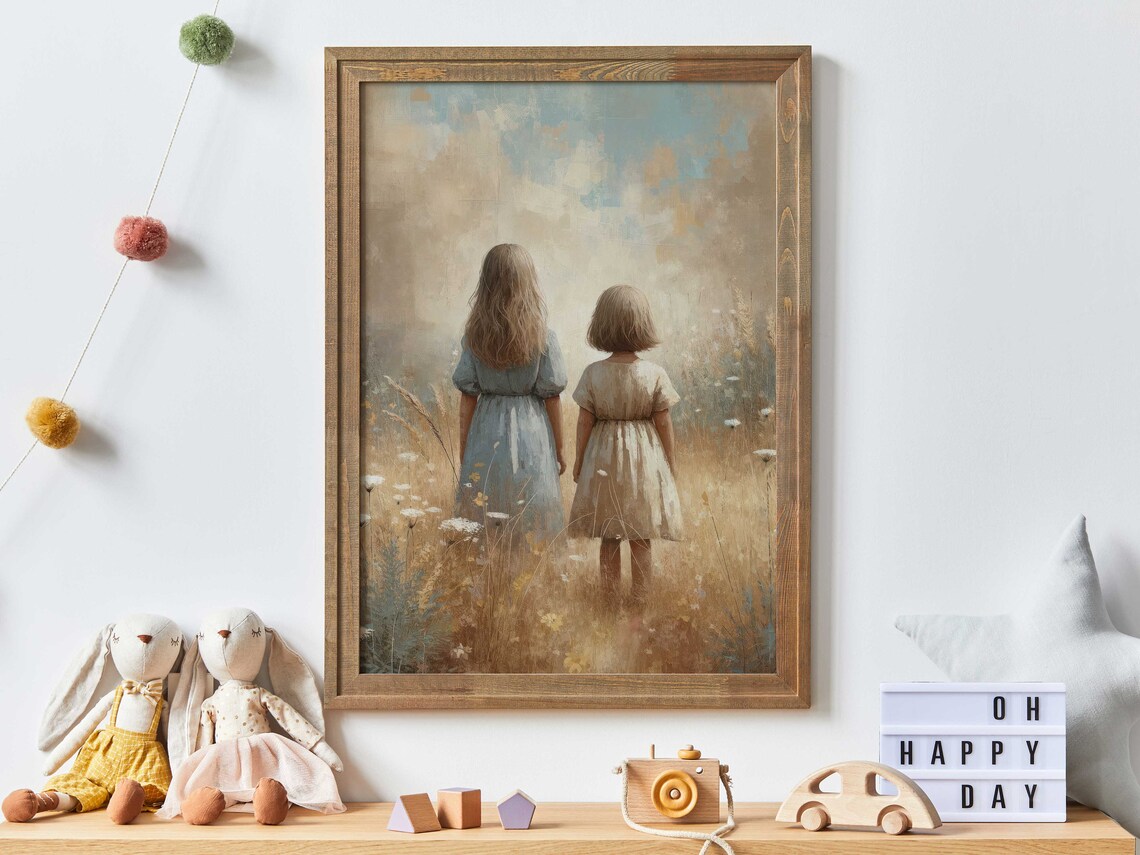 Two Sisters Walking Through a Wildflower Meadow Together Poster