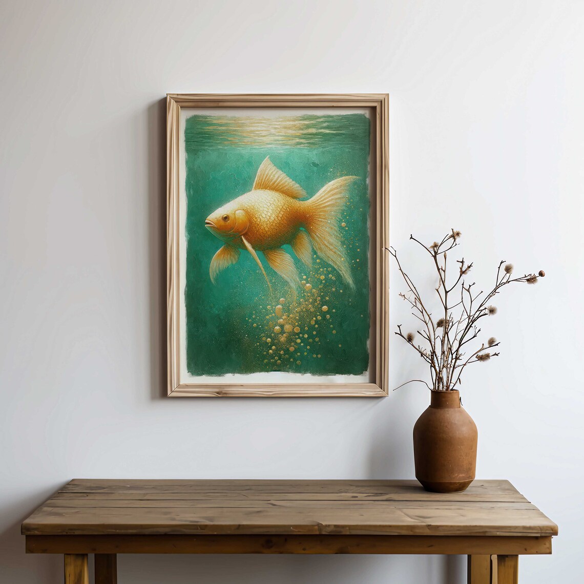 Golden Goldfish Swimming in Emerald Green Water Vintage Style Poster - Image 2