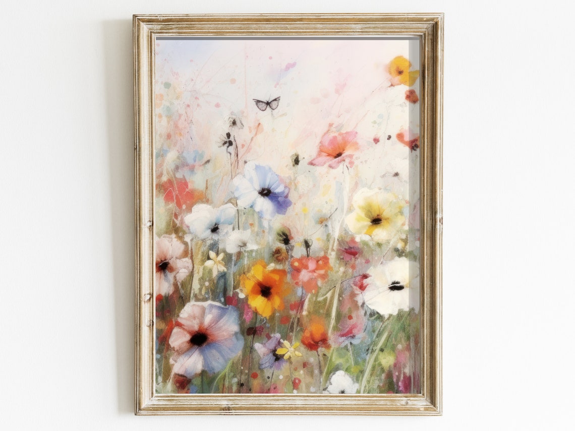 Colorful Wildflower Meadow Poster Dreamy Watercolor Floral Field Art