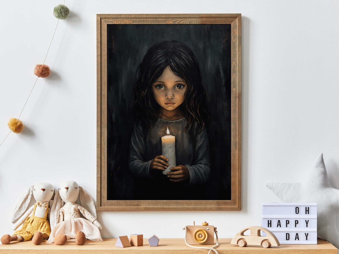 Girl Holding A Lit Candle In The Dark Moody Vintage Portrait Poster