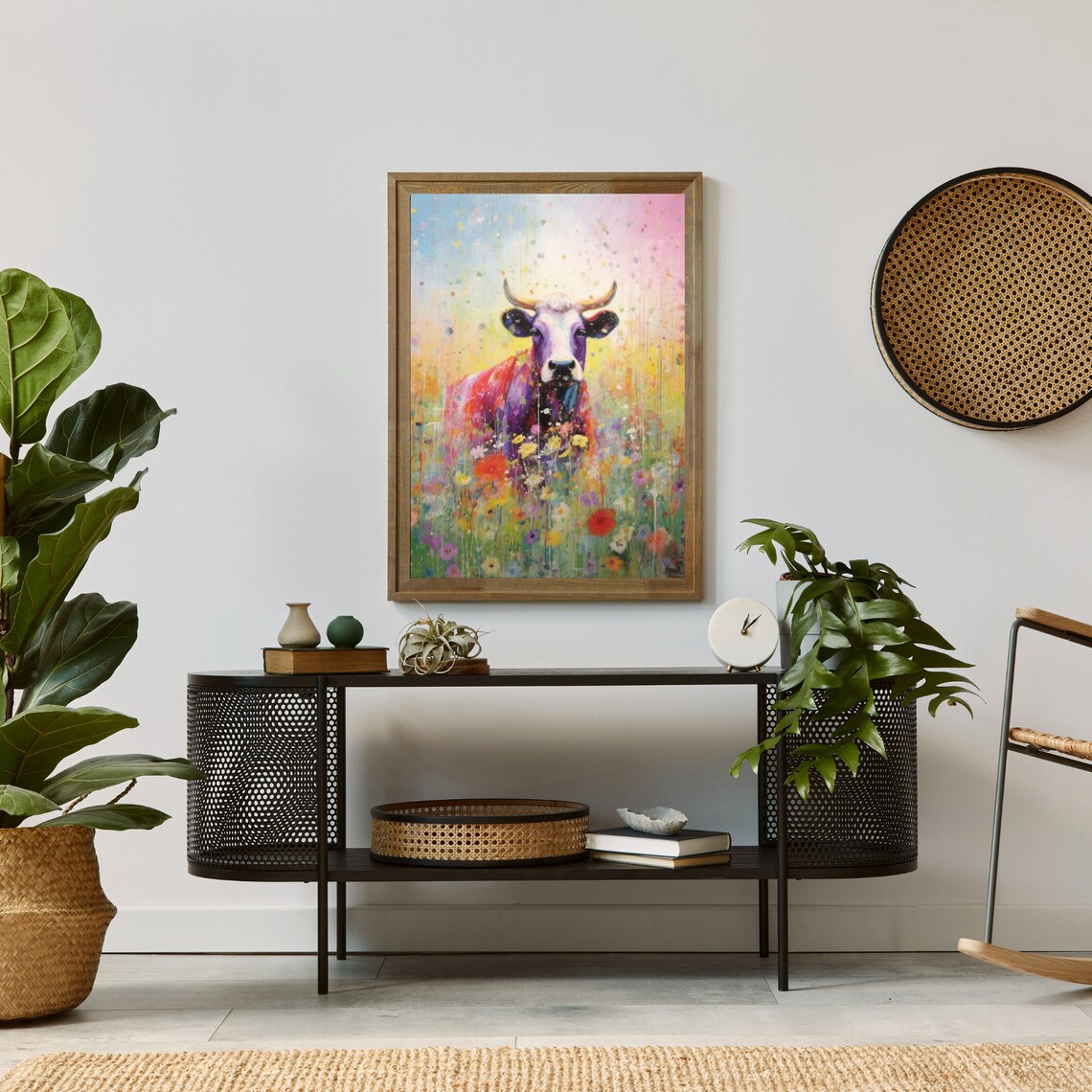 Colorful Impressionist Bull in Wildflower Meadow Farmhouse Poster - Image 2